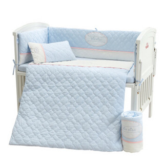 蒂乐 婴儿床品套件全棉七件套床笠被子床围床上用品 L号 海蓝·盐白
