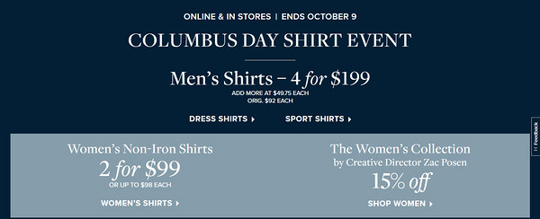 Brooks Brothers美国官网 哥伦布日 男女衬衫促销