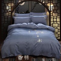 源生活 老粗布四件套纯棉刺绣套件床单被套四件套 宝蓝 1.5米床（被套200*230cm）