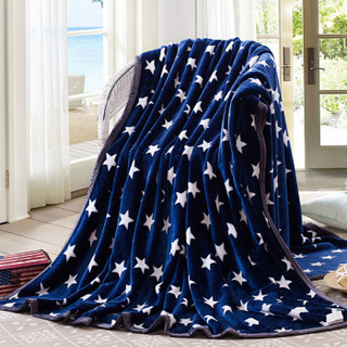 九洲鹿 毛毯家纺 加厚法兰绒毯子床单 水晶绒午睡空调毯毛巾被珊瑚绒盖毯 蓝底白星 150x200cm-2斤