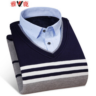 雅鹿 YL9591 男士加绒假两件长袖衬衫 蓝白条 L