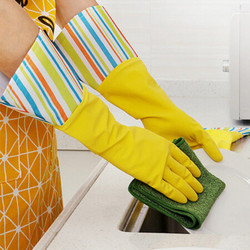 欧润哲 清洁手套 乳胶黄色条纹四季款家用清洁厨房用手套