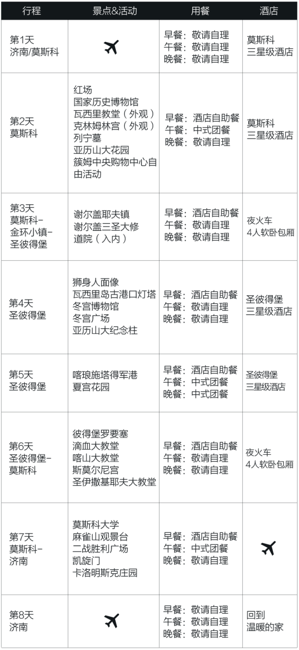 全国多地-俄罗斯莫斯科+圣彼得堡8-9天跟团游（全程3-4星酒店）
