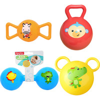 费雪Fisher-Price 摇铃球四合一套装(婴幼儿童玩具球4寸摇铃球红+哑铃球蓝+糖果摇铃球黄+拉拉球黄)F0927