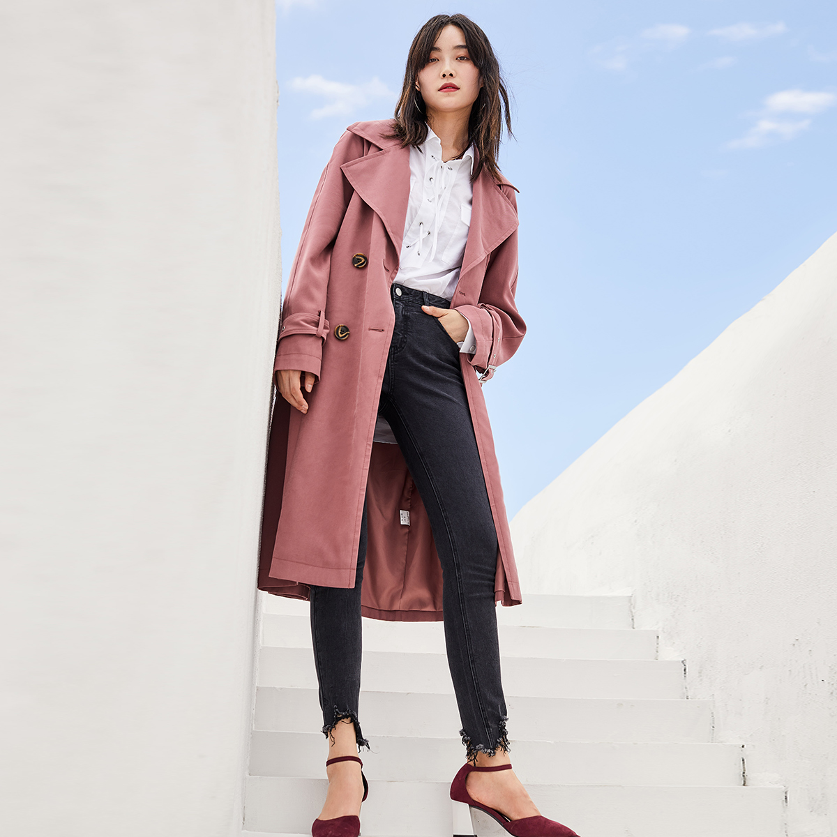 PEACEBIRD 太平鸟 A8BE83477 女士过膝中长款风衣 梅子红 M