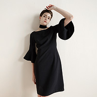 SUNNY 女装荷叶袖中长款聚酯连衣裙 (黑色、6)