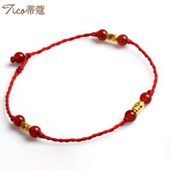 蒂蔻 千福之运橄榄珠黄金脚链女士款999足金转运珠红玛瑙脚链吉祥红绳手饰时尚百搭