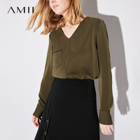 AMII 11764184 女士V领休闲长袖衬衫 深海蓝 S