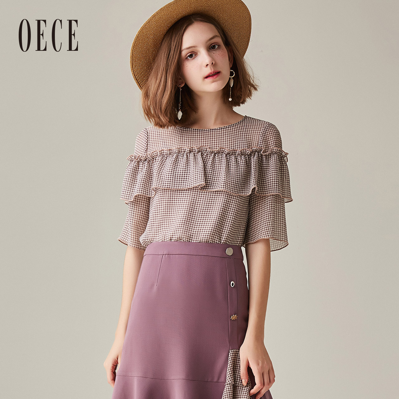 OECE 182HB249 女士复古荷叶边格子雪纺衫 紫灰 S