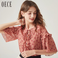 OECE 182HB122 女士圆领系带碎花雪纺衫 橙红色 S