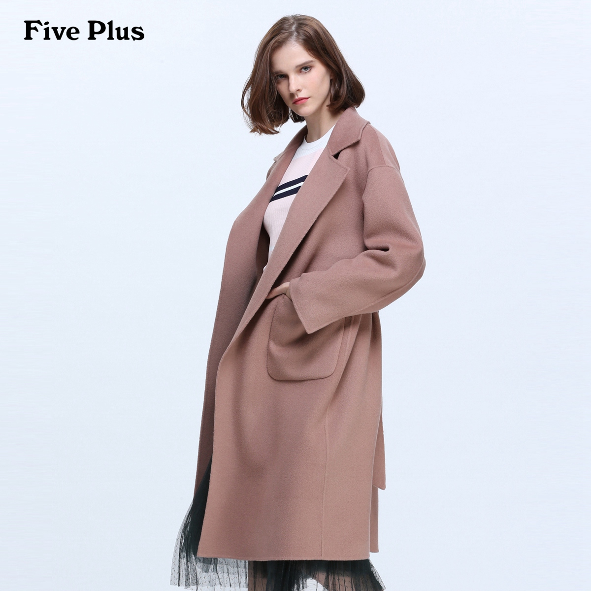 5+Five Plus 2JE3JW9B01 女士纯羊毛双面呢大衣 灰粉红 S