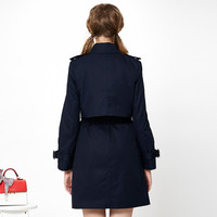 E·LAND 衣恋 EEJT81153M 女士英伦风系带双排扣中长风衣 海军蓝 S