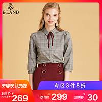 E·LAND 衣恋 EEBW83752M 女士格子七分袖衬衫 灰色 S