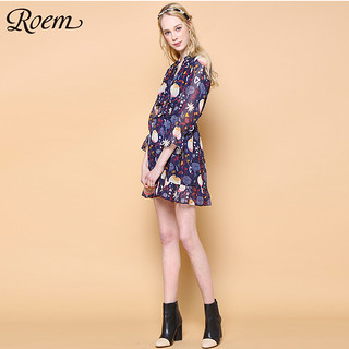 Roem 罗燕 女中长款碎花喇叭袖甜美风连衣裙雪纺收腰 RCOW86102B