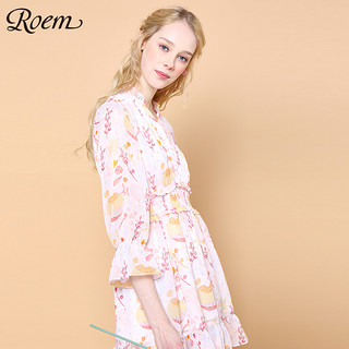 Roem 罗燕 女中长款碎花喇叭袖甜美风连衣裙雪纺收腰 RCOW86102B