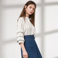 Betu 百图 1802T31 女士灯笼袖竖条纹立领衬衫 黑白条 L