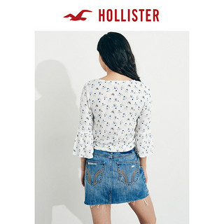 HOLLISTER 205813 女士蝴蝶结喇叭袖短款上衣 白色碎花 S