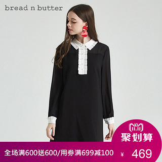 bread n butter 面包黄油 女透视雪纺拼接中裙小翻领长袖连衣裙8SBEBNBDRSW509000 黑色 S (黑色、S)