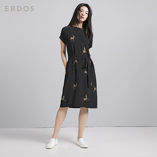 ERDOS 鄂尔多斯 女可爱小鹿圆领收腰真丝系带连衣裙 E285I2021