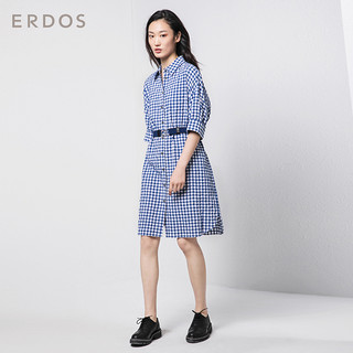 ERDOS 鄂尔多斯 女进口格子宽松棉质腰带衬衫连衣裙 E285I3032