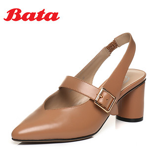 Bata 女士拔佳包头同款玛丽珍套脚高跟凉鞋8212AH8 米色 黑色 杏色 34 35 36 37 38 39