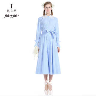 Fairyfair 淑女屋 女腰带格子高腰长袖优雅长裙浅 FSAGJI2801