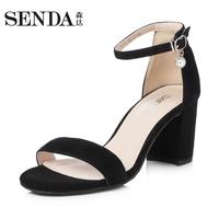 SENDA 森达 女款高跟鞋一字式扣带时装凉鞋 VIA31BL8 浅黑色 35