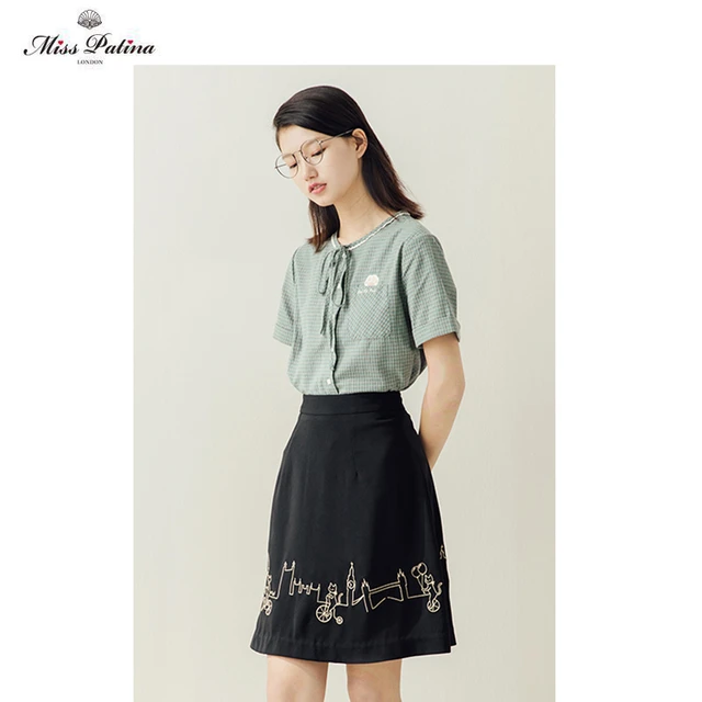 Miss.Patina Miss Patina 18SS-SHT-01 女士萌猫格子短袖衬衫 绿色格子 S