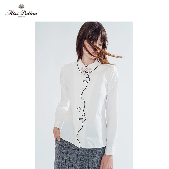 Miss.Patina Miss Patina 16AW-SHT-14 女士简约修身百搭猫脸刺绣长袖衬衫 简约纯白 S