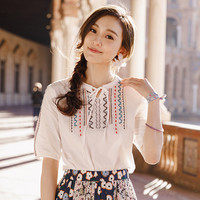 INMAN 茵曼 1882012292 女士系带复古刺绣纯棉衬衫