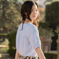 INMAN 茵曼 1882012239 女士木耳边圆领纯棉蕾丝衬衫