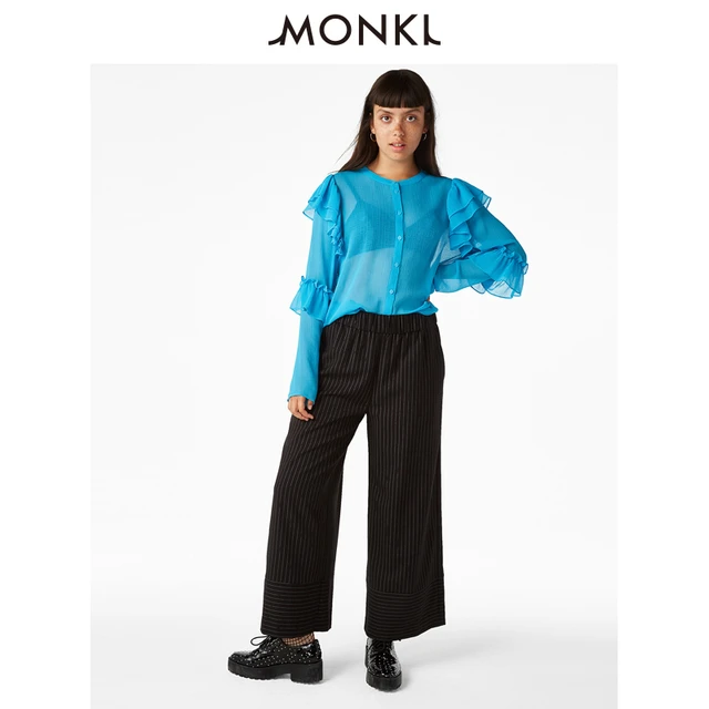 MONKI 0546154 女士亮色荷叶边袖雪纺衬衫