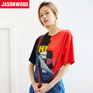 JASONWOOD 282103013 女生宽松拼色T恤 水红色 S