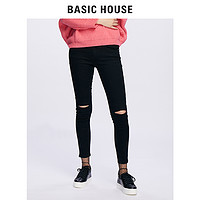 BASIC HOUSE 百家好 HRDP729A 女士破洞高腰牛仔裤 黑色 XS