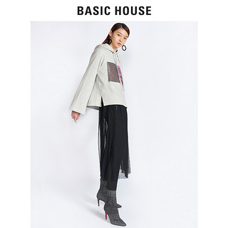 BASIC HOUSE 百家好 HRTS727B 女士连帽印花喇叭袖卫衣 麻灰色 XS