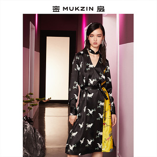 MUKZIN 密扇 Q7355001 中国风仙鹤印花连衣裙 黑色 S