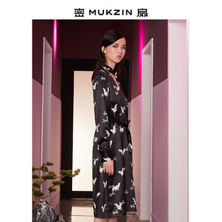 MUKZIN 密扇 Q7355001 中国风仙鹤印花连衣裙 黑色 S