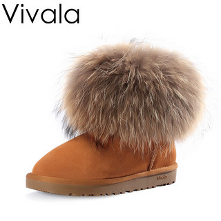 vivala 女士狐狸毛短筒雪地靴