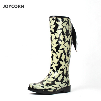 JOYCORN s270 女士蝴蝶花纹系带高筒雨胶鞋