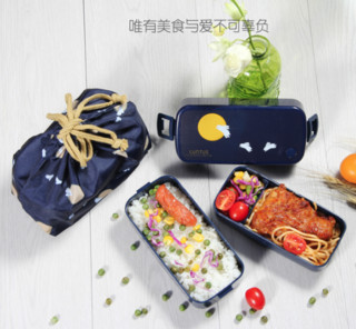 ASVEL 阿司倍鹭 双层饭盒 620ml 送收缩袋+餐具4件套