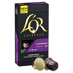 L'OR Supremo浓缩胶囊咖啡 浓度10 （10盒，共100粒）兼容Nespresso咖啡机