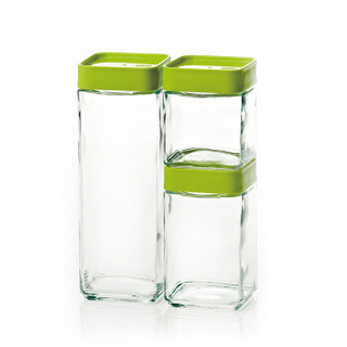 Glasslock韩国进口方形玻璃储物罐收纳罐密封罐礼盒三件套（ 1300ml+700ml+500ml）/IG589绿色