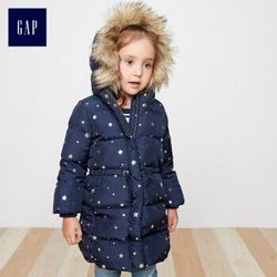 GAP旗舰店 女婴幼童长款连帽羽绒服329399  新款儿童秋冬仿毛领大衣外套 海军蓝印花 5YRS+凑单品