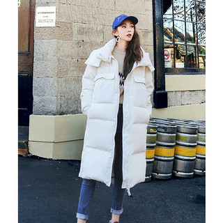 2018冬季韩版女装休闲纯色宽松中长款连帽长袖加厚羽绒服女 XS 米白色