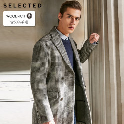SELECTED思莱德新款男士含羊毛格纹中长毛呢大衣外套S|418427534