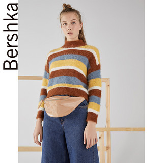 Bershka 巴适卡 06969111700 女士条纹撞色短款毛衣 棕色 160/80A