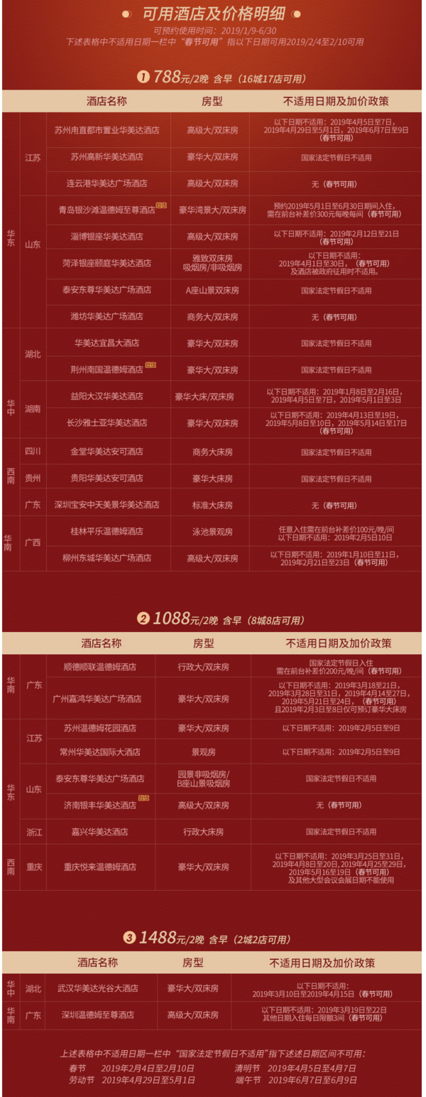 温德姆酒店集团 全国16城j17店通用2晚房券（含双早）