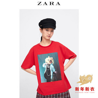 ZARA 04873181600 女士印花T恤 (S、红色)