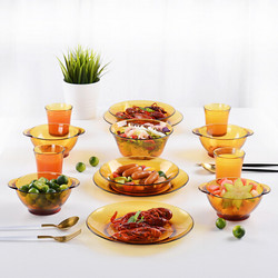 法国多莱斯 钢化玻璃餐具碗盘碟套装 14件套 琥珀色