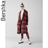 Bershka女士秋冬新款红色中长款复古格纹呢绒大衣外套06514111601